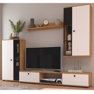 Senja Schrankwand artisan Eiche / weiß modernes Design dekorative geriffelte Fronten mit Metallgriffen