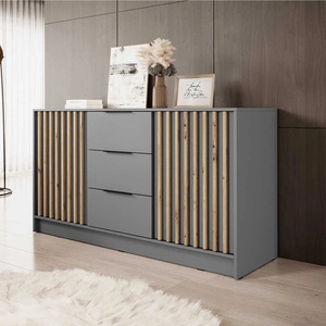 Kommode mit Schubladen Aspen 155 cm Grau / Eiche Artisan Lamellen modernes Design Schranktüren der Kommode mit dekorativen Lamellen