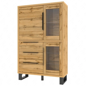 Vitrine Halle 120 cm Eiche wotan minimalistisches Design stilvolle Kante Griff Vitrine mit Schubladen auf einem Metallsockel unterstützt