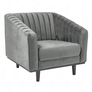 Asprey Sessel grau funktional und modern Eimer Stuhl bequem beim Entspannen Holzbeine zarte Nähte der Rückenlehne