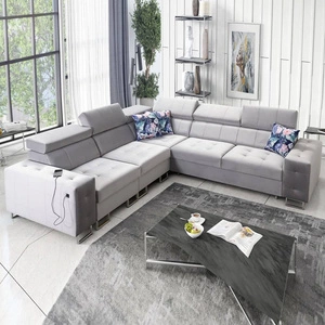 Ecksofa mit Schlaffunktion Hampton III grau Esche links bequemes Ecksofa aus glattem und weichem Samtstoff