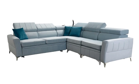 Ecksofa mit Schlaffunktion Rava IV blauer Samt rechtes Ecksofa Komfort bei der täglichen Erholung Behälter für Bettzeug