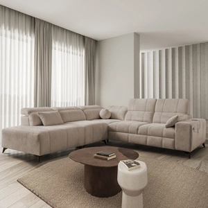 Ecksofa mit Schlaffunktion Penejos IX dunkelbeige linke Seite stilvolles Ecksofa mit Bettzeugcontainer komfortable verstellbare Kopfstützen