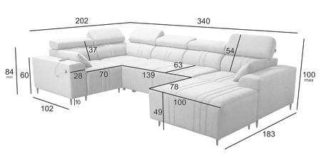 Ecksofa mit Schlaffunktion Castel IV blau rechte Seite stilvolles Ecksofa mit Bettzeugcontainer und verstellbaren Kopfstützen