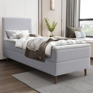 Boxspringbett Totti 90x200 grau Esche stilvolles Bett mit Bettzeug Lagerung dreidimensional gestreiften Stoff