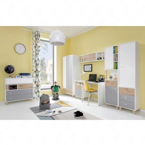 Möbelset Beja weiß / Eiche artisan / grau ideal für ein Jugendzimmer Schrankwand mit Schreibtisch
