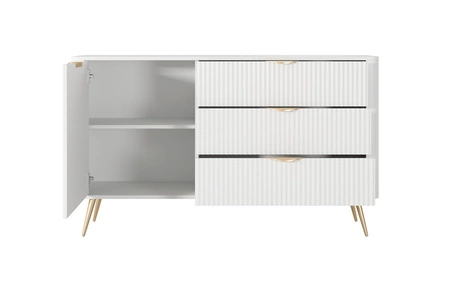 Lante Schubladenkommode 138 cm weiß elegante abgerundete Kommode auf einem Metallsockel unterstützt stilvolle Griffe