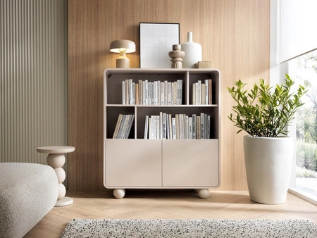 Bücherregal Bion 108 cm beige modernes Design gedeckte Farben Designer runde Form stilvolle kugelförmige Beine