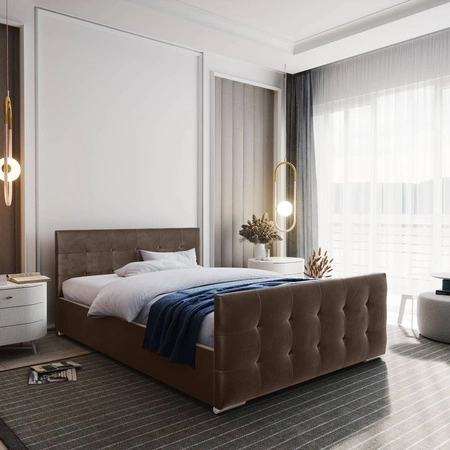 Polsterbett Verlan 140x200 hellbraun mit Container im modernen skandinavischen Stil mit gestepptem Kopf- und Fußteil