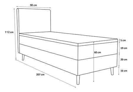 Boxspringbett Totti 90x200 grau Esche stilvolles Bett mit Bettzeug Lagerung dreidimensional gestreiften Stoff