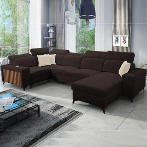 Ecksofa mit Schlaffunktion Kelly IV braun rechts geflochten bequemes Ecksofa verstellbare Kopfstützen seitlich mit Latten verkleidet