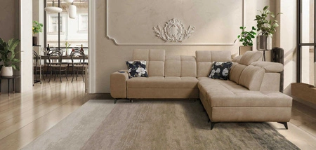 Ecksofa mit Schlaffunktion Buffalo IX dunkelbeige rechte Seite stilvolles Ecksofa für Zimmer aus Velourstoff Zierkissen
