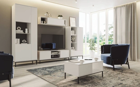 RTV-Schrank Tutti 150 cm weiß elegantes Schrankdesign Metall massiver Sockel Türen öffnen sich mit einem Push-to-Open-System