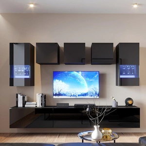 Kateri schwarz / schwarz glänzend universelle Schrankwand für das Wohnzimmer mit einem leichten Design wird perfekt in jedes Interieur passen