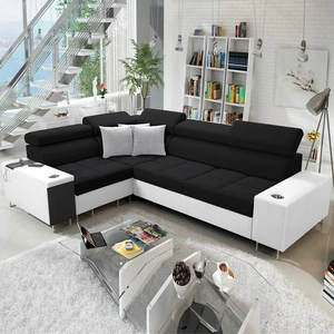 Ecksofa mit Schlaffunktion Dafni II schwarz-weißes, links geflochtenes Ecksofa mit Bettzeugstauraum und Schublade mit Vollauszug