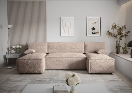 Ecksofa mit Schlaffunktion Brandon U beige Bettzeugcontainer weicher Stoff mit markanter Schlingenoberfläche