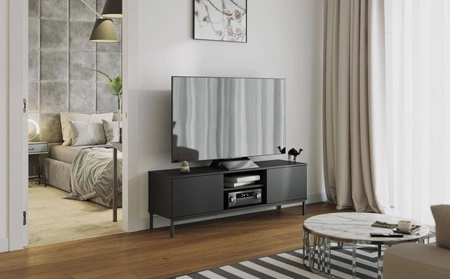 RTV-Schrank Tutti 150 cm schwarz elegantes Schrankdesign Metall massiver Sockel Türen öffnen mit Push-to-Open-System