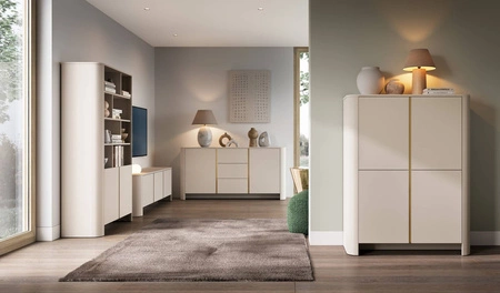 Kommode Bari 168 cm beige modernes Design Kommode für Wohnzimmer ovale Form auffälliges Gold Zubehör