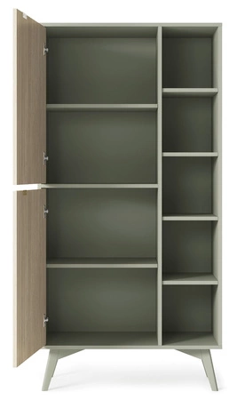 Bücherregal Wald 80 cm Eukalyptus / Beige Fischgrät skandinavisches Design stabil hohe Beine Bücherregal mit Türen für Wohnzimmer geschmackvolles Fischgrätenmuster