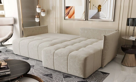 Ecksofa mit Schlaffunktion Oroso beige rechte Ecke weicher Samtstoff mit hydrophober Beschichtung Bettzeugbehälter