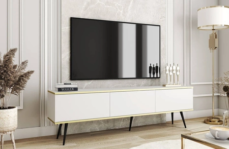 TV-Schrank Luxury 175 cm weißer eleganter Design-Korpus mit goldener Zierleiste Schrank auf schwarzen Metallbeinen