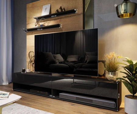 RTV-Schrank Nea 180 cm schwarz / schwarz glänzend mit Aufhängung und Einlegeböden stilvolles Design, das zu jeder Einrichtung passt