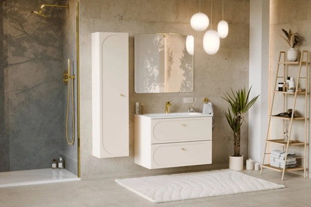 Badezimmer Schrank Donna Sand 35 cm beige elegantes Schrankdesign mit dekorativer Umrandung an der Front goldener Griff