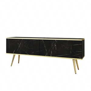 TV-Schrank Luxury 135 cm Korpus aus schwarzem Marmor, elegantes Design mit goldener Zierleiste, Schrank auf goldenen Metallbeinen