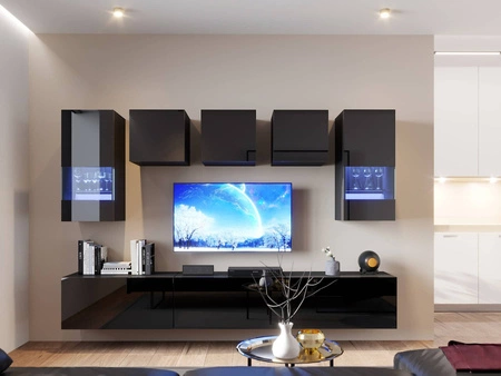 Kateri schwarz / schwarz glänzend universelle Schrankwand für das Wohnzimmer mit einem leichten Design wird perfekt in jedes Interieur passen