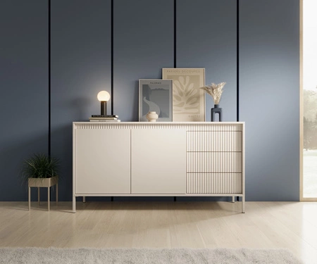 Kommode Sesti 154 cm beige modernes und originelles Design interessante Kombination von Riffelung mit glatten Fronten