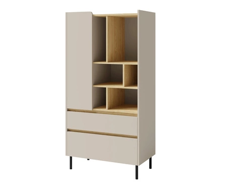 Bücherregal mit Schubladen Paguro 80 cm sandbeige/geölte Eiche elegantes Design stabile hohe Beine Bücherregal mit Türen und Schubladen