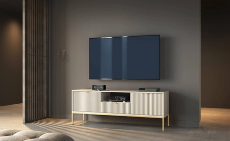 TV Schrank Lovro 154 cm beige modernes Design wird Liebhaber von ausdrucksstarken Interieurs begeistern goldene Metall-Accessoires