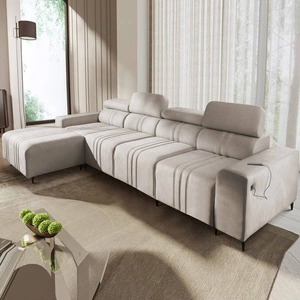 Ecksofa mit Schlaffunktion Castel XII beige linke Seite stilvolles und bequemes Ecksofa für Wohnzimmer funktionelle verstellbare Kopfstützen