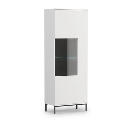 Vitrine Tutti 70 cm weiß stilvolles Design sichere Vitrine aus gehärtetem Glas auf hohen Metallbeinen Push-to-Open-System unterstützt