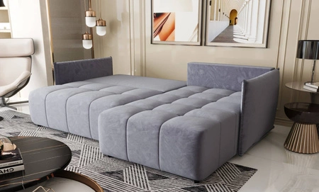 Ecksofa mit Schlaffunktion Oroso blau rechte Ecke weicher Samtstoff mit hydrophober Beschichtung Leinencontainer