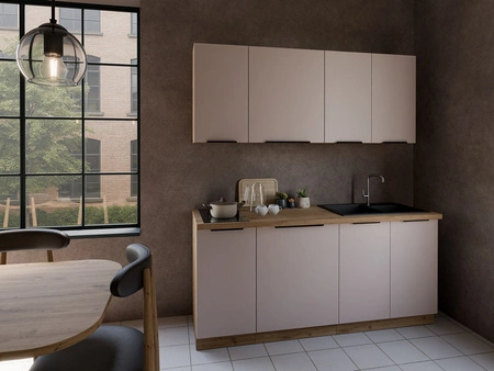 Küchenmöbelset Soela 180 cm elegante Küchenschränke in dezenten und natürlichen Farben Griffe mit Metallkante