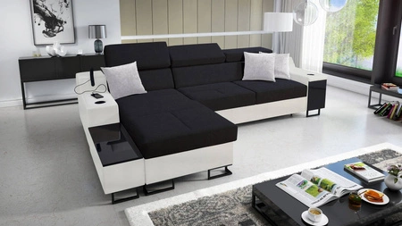 Ecksofa mit Schlaffunktion Alcamo schwarz/weiß links elegantes Ecksofa mit einer ausziehbaren praktischen Schublade an der Seite des Möbels