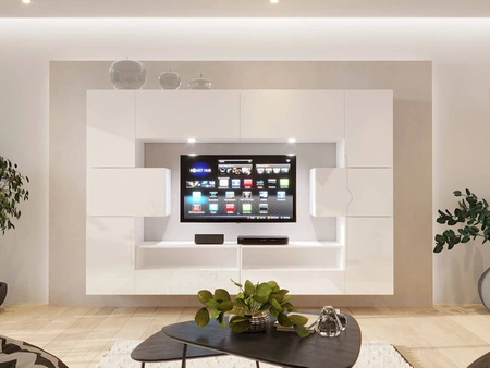 Möbel Schrankwand Servia weiß / weiß glänzend stilvolle grifflose Designmöbel für Wohnzimmer oder Dielenbereich