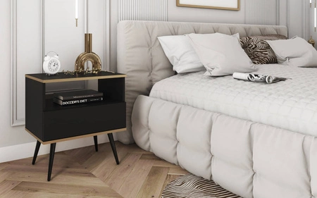 Luxuriöser Nachttisch mit Schublade schwarzer eleganter Designschrank mit goldener Zierleiste Schrank auf hohen Metallbeinen gestützt