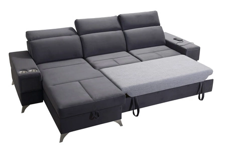 Ecksofa mit Schlaffunktion Elgin grau / weiß linkes Ecksofa mit verstellbaren Kopfstützen praktische Schubladen in den Möbelseiten