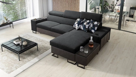 Ecksofa mit Schlaffunktion Flavio in graphit / graphitfarbenem Ökoleder rechts elegantes Ecksofa mit seitlich zu öffnender Verlängerungsstange