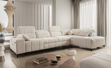 Ecksofa mit Schlaffunktion Penejos XI cremefarbenes komfortables Ecksofa rechts mit verstellbaren Kopfstützen und zwei Bettkästen