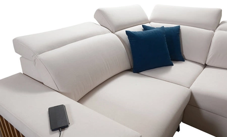 Ecksofa mit Schlaffunktion Kelly IV braun rechts geflochten bequemes Ecksofa verstellbare Kopfstützen seitlich mit Latten verkleidet