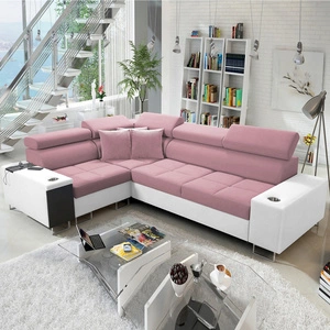 Ecksofa mit Schlaffunktion Dafni II Indisches rosa/weißes Linkshänder-Ecksofa aus Samt mit Bettzeugablage und Schublade in der Seitenwand