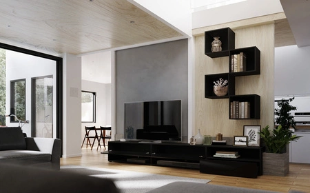 Nemea schwarz / schwarz glänzend universelle und stilvolle Schrankwand für das Wohnzimmer minimalistisches Design in einer modernen Umgebung