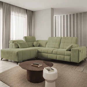 Ecksofa mit Schlaffunktion Penejos VII olive links stilvolles Ecksofa mit Bettzeugablage komfortable verstellbare Kopfstützen