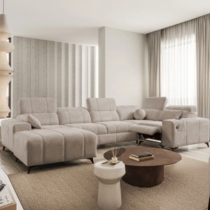 Ecksofa mit Schlaffunktion Penejos IV Lux dunkelbeige linke Seite stilvolles Ecksofa mit bequemer ausziehbarer Fußstütze