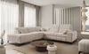 Ecksofa mit Schlaffunktion Penejos IX beige linke Seite stilvolles Ecksofa mit Bettzeugcontainern komfortable verstellbare Kopfstützen
