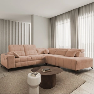 Ecksofa mit Schlaffunktion Penejos IX lachsfarbe rechts stilvolles Ecksofa mit Bettzeugcontainern komfortable verstellbare Kopfstützen