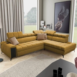 Ecksofa mit Schlaffunktion Bolmso VII Senfgelb rechts elegantes Ecksofa für Wohnzimmer mit Schublade und Bettzeugablage